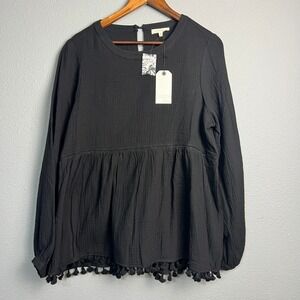 Cotton Bleu Peasant Empire Waist‎ Top Long Sleeve Tassel Hem Boho Cotton Medium